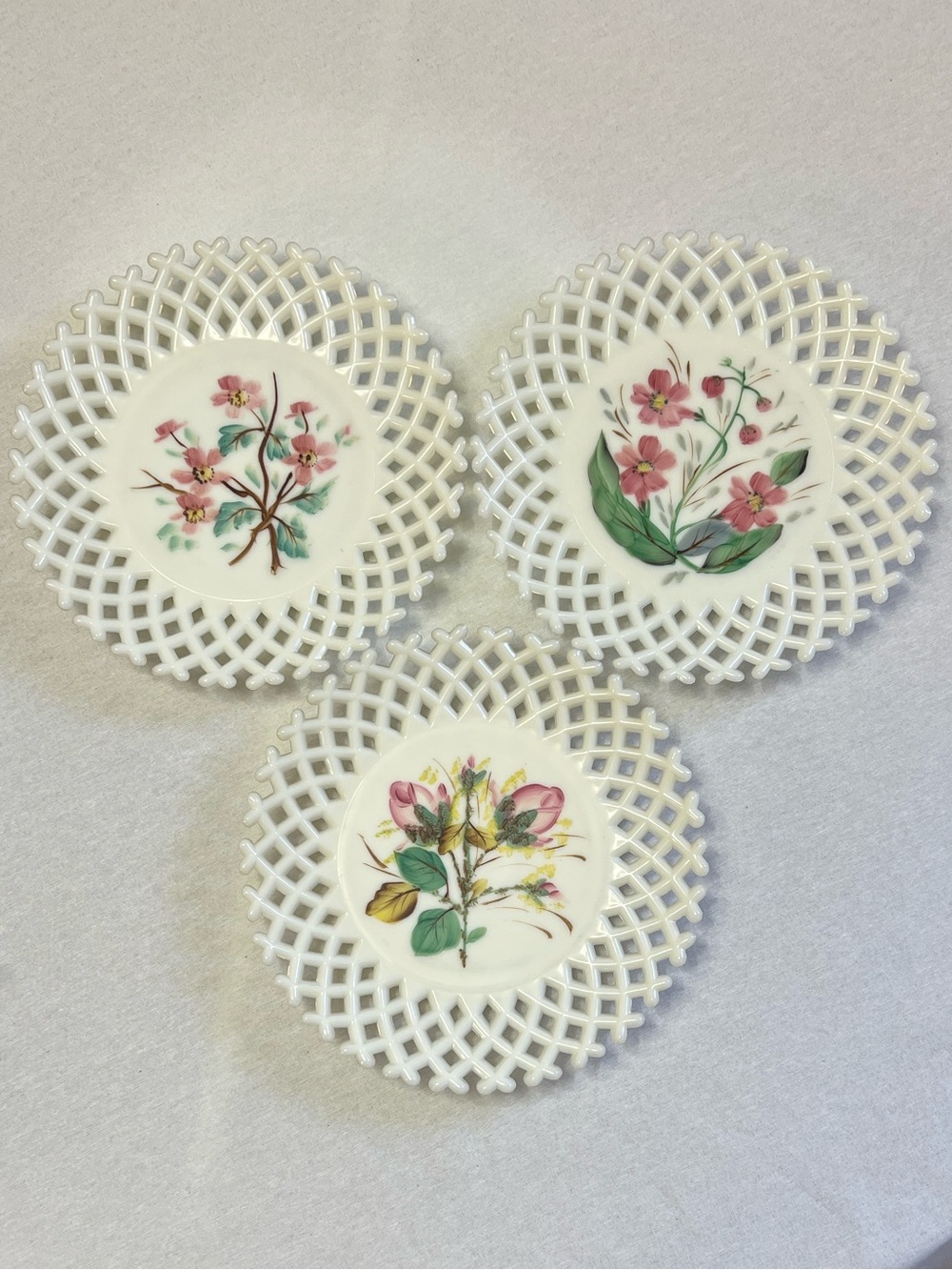 3 Antique Challinor Taylor and Co Hand Painted Floral Lattice Milk Glass Plates